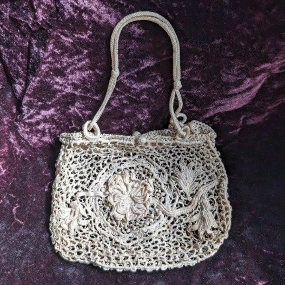 Antique Crocheted Lace Purse Evening Wedding Bag Victorian - Picture 2 of 16